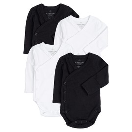 Baby Side Snap Bodysuit Set, 100% Cotton Boy Girl Unisex Kimono Onesie, 4 Pack (2 Black 2 White - Long Sleeve, 3-6 Months)