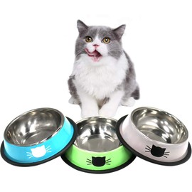DOMI PRO Cat Bowls Cat Bowl Set, 3 Pieces Non-Slip Cat Bowls Made of Stainless Steel, Feeding Bowl, Cat Water Bowl, Cat Bowl Increases Bowls and Drinkers for Pets (Blue + Green + Grey)