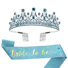 ALRBE TIN Tiara for Engagement Party, Bride to Be Sash and Crown Set for Women Girls Bridal Shower Decorations Blue Crowns for Women Bachelorette Party