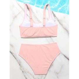 OYOANGLE Girl's 2 Piece Swimsuit Sport High Waist Teen Kids Bikini Set Bathing Suit Swimwear Pink 160