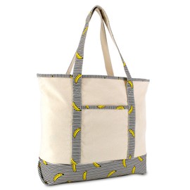 DALIX 22" Shopping Tote Bag in Heavy Cotton Canvas (Zippered Top) Striped Banana