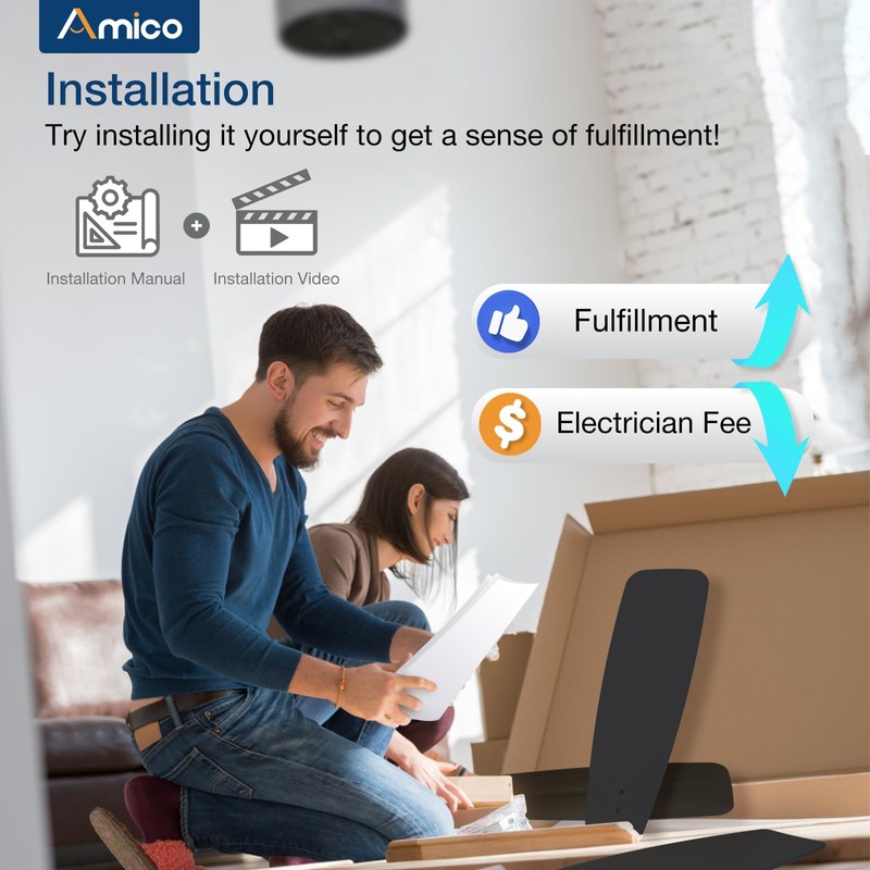 Amico Ceiling Fans with Lights, 44 inch Ceiling fan with
