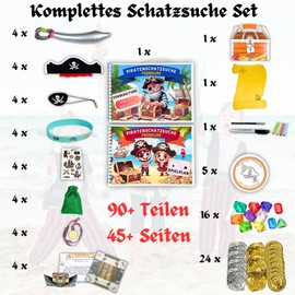 Treasure Hunt Set: Outdoor/Indoor Game (Scavenger Hunt) for Leisure & Children's Birthday - Complete Instructions, Pirate Props, Gold Coins, Diamonds, Treasure Chest, Sabre and More (for 4 Children)
