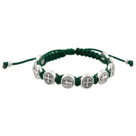 Woven Bracelet with 10 Saint Benedict Medals | Hunter Green Cord and Silver Tone Metal Beads | Patron Saint of Students and Europe | Great Catholic Gift for First Holy Communion and Confirmation