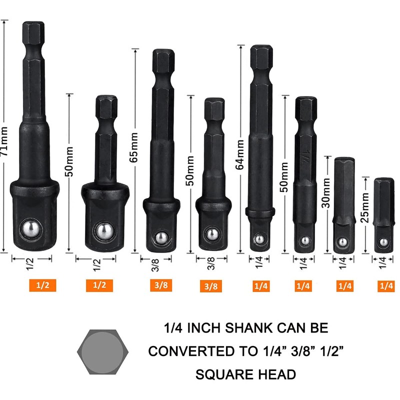 Bestgle 8pcs 1/4" Shank Drill Socket Adapter Extension Set for