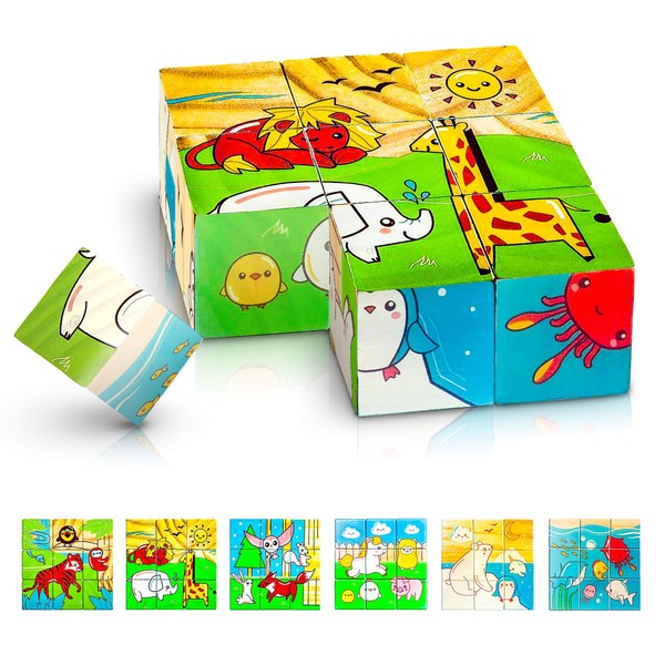 Gamie 6 in 1 Wooden Blocks Puzzle for Kids, Wood Animal Puzzle with 6 Nature Scenes, Fun Children’s Educational Learning Toy, Great Gift Idea for Boys and Girls