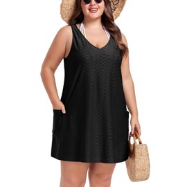 ZOMVA 2025 Women's Plus Size 0X-4X Swimsuit Coverup with Pockets Sleeveless Bikini Beach Cover Up Dress Outfits Swimwear, Black, 5XL