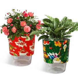 DEVSYWAX Print Flowerpots Round Plant Pots - 2 Pack Outdoor Garden Planter Plastic Indoor Modern Decorative Succulent Houseplant Pot with Drainage Christmas Day 4FP-CMRG