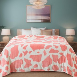 Fleece Cow Print Blanket for All Season - Premium Lightweight Anti-Static Pink and Ivory Queen/Full Size Blankets, Bedroom Decor 90" x 90"(Pink Cow)