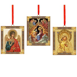 Christmas Ornaments Religious Wooden, Nativity Scene, Madonna and Child, Guardian Angel, Red Ribbons, Orthodox Catholic Icons, Gold Foil 3 1/16 Inch, Set of 3