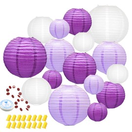 Linternas de papel colgantes decorativas, linternas de papel chinas moradas para decoración de fiestas de techo con 16 luces LED para graduación, lavanda, género neutro, baby shower, aniversario de