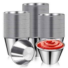 DJZZ 50 Pcs Metal Sauce Cups 2.5oz Ramekins, Stainless Steel Dipping Sauce Cups Metal Condiment Container Reusable Round Butter Dressing Restaurant Small Bowls (50)