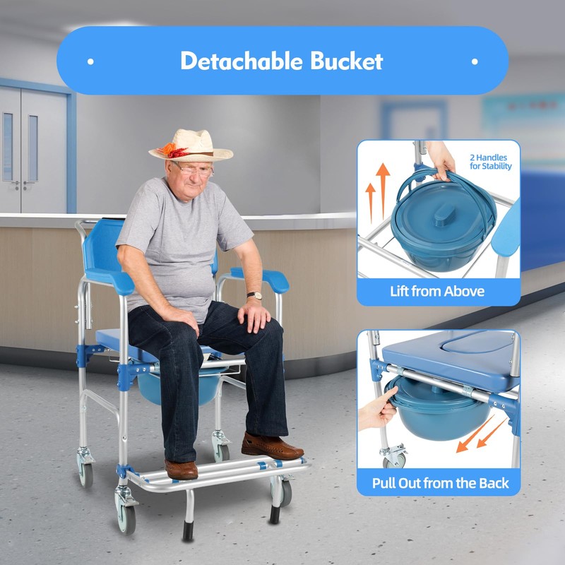 Movable Bedside Commode Chair with Foot Pedal, Multi-Functional Commode Toilet