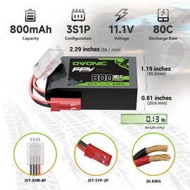 OVONIC 11.1V 80C 800mAh 3S Lipo Battery with JST Plug [1 Package Including 2 Batteries]