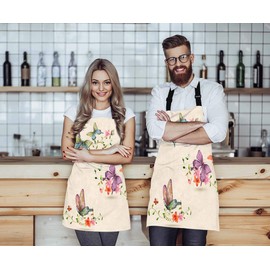 WONDERTIFY Butterfly Apron,Colorful Butterflies Flying Around The Beautiful Flowers Bib Apron with Adjustable Neck for Men Women,Suitable for Kitchen Cooking Waitress Chef Grill Bistro Baking Apron