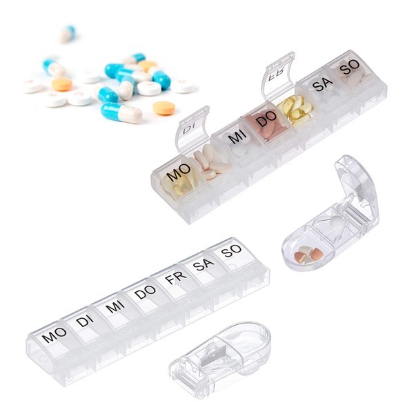 2 x 7 Day Medicine Box with Pill Cutter Home Travel Weekly Pill Box Transparent Black