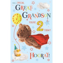 Great Grandson 2nd Birthday Card - Age 2 - Special Great Grandson - Barley Bear Teddy Superhero Design - Special Finishes and Illustrated Insert Leaf - Made in the UK - Eco-Friendly
