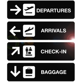 Airport Directional Sign Vinyl Decals – Set of 4 Travel-Themed Stickers: Departures, Arrivals, Check-In, Baggage – Modern Wall Decor for Office, Event, or Kids’ Room Decoration – Easy to Apply & Remove (L057)