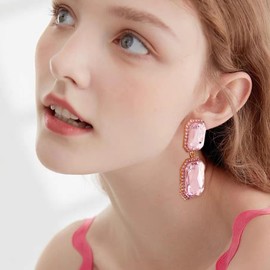 VANGETIMI Pink Gold Vintage Rhinestone Statement Earrings Big Crystal Rectangle Drop Dangle Earrings Evening Prom Pageant Jewelry Earrings for Women