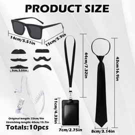 Agent Costume Accessory Set + Secret Spy Fancy Dress + Sunglasses Tie Stud Earrings + Children Adults Black