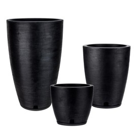 Floridis Plastic Plant Pot, Black, Set of 3 (11+17+25 inch) with Drainage Hole and Saucer. Outdoor and Indoor Set of Black planters for patios, Front Porch.