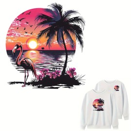 2pcs Flamingo Sunset Coconut Tree Iron On Transfers for T-Shirts Rub on Transfers Stickers Vinyl Ready to Press Stickers Iron on Decals for T-Shirts Clothing Hoodie DIY Crafts