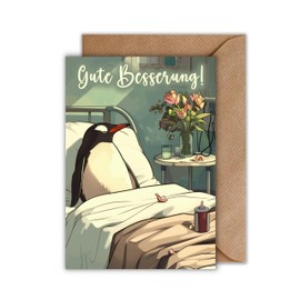 WBdesignz Get Well Card with Envelope - Penguin in Hospital Bed - Loving & Humorous Recovery Card - Cheer Up for Boyfriend, Girlfriend, Colleague (DIN A6)