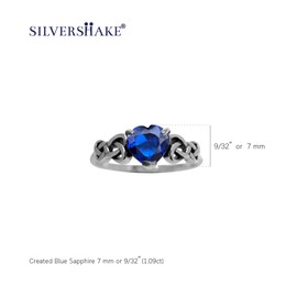 Silvershake 7MM Created Heart Shape Blue Sapphire 925 Sterling Silver Celtic Heart Knot Filigree Solitaire Promise Ring September Gemstone Birthstone Size 8