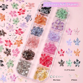 3D Flower Nail Charms, Hawaii Hibiscus Floral Nails Art Charms Spring Summer Colorful Flower Nail Jewelry and Rhinestones, Silver Gold Butterfly Flowers Nail Design for Women Nail Supplies