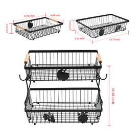 Lawhood-Mijin Fruit Basket Bowl 2 Tier with 2 Banana Hangers, Fruit Stand Holder for Kitchen Countertop, Detachable Metal Wire Vegetable Storage Organizer, for Bread Snack Veggies Produce, Black