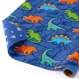WERNNSAI Dinosaur Wrapping Paper - 1 Roll 17” x 9.8 ft Dinosaur Birthday Wrapping Paper Kids Boys Birthday Gift Wrap Blue Gift Packing Decoration Baby Shower Paw Prints Design Reversible