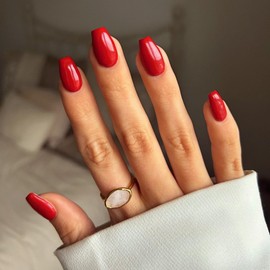 Light Red Press on Nails Medium Coffin Fake Nails Press ons, KXAMELIE Full Cover False Nails Tips Medium Length Glue on Nails Natural Thick Long Acrylic Nails 24Pcs Solid Color Coffin Nails for Women