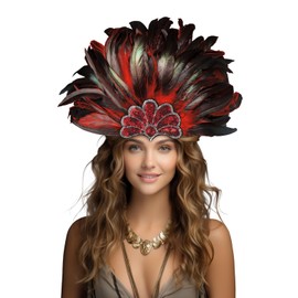 JPXH Feather Carnival Headdress Sequin Crown Headpiece Showgirl Costume Accessory (Red-1)