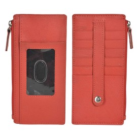 LB LEATHERBOSS Leatherboss Genuine Leather Women's All in One Credit Business Card Case Holder Slim Zipper Wallet With a Card Protection Strap, Red