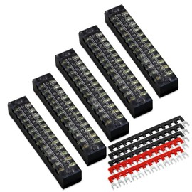 MILAPEAK 10pcs (5 Sets) 12 Positions Dual Row 600V 15A Screw Terminal Strip Blocks with Cover + 400V 15A 12 Positions Pre-Insulated Terminals Barrier Strip (Black & Red)