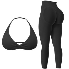 MAYROUND Gym Sets for Women 2 Piece Outfit Gym Halter Backless Sports Bra and Scrunch Leggings Set Seamless Yoga Tracksuits