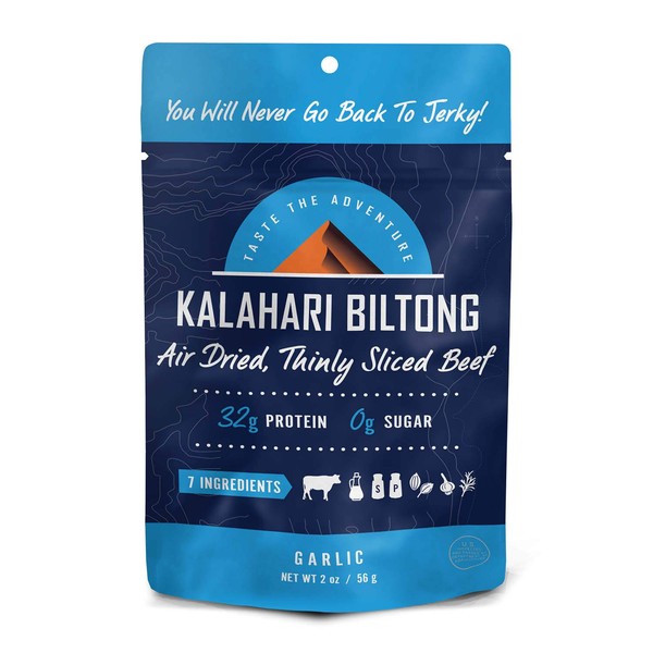 Garlic Kalahari Biltong, Air-Dried Thinly Sliced Beef, 2oz (Pack of 8), Sugar Free, Gluten Free, Keto & Paleo, High Protein Snack