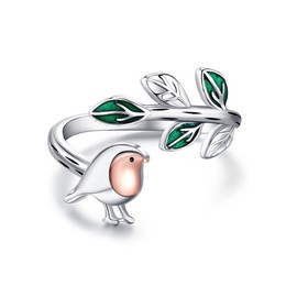 HUKKUN Adjustable Robin Bird Rings Sterling Silver Robin Bird Jewelry Gift for Women