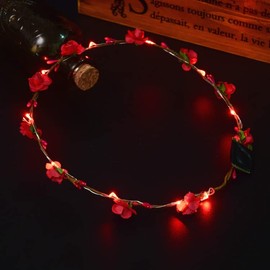 LEEMASING Led Light Women Flower Girl Headband Glow Blinking Crown Hair Wreath For Girls Women Wedding Festival Christmas New Year Party (Red)