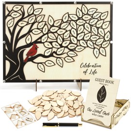 GiftGlow Celebration of Life Guest Book Alternative with Robin, Wooden Tree Memorial Signing Board with 70 Leaves, Large Funeral Guest Book Keepsake for Memorial Service & Sympathy Gift