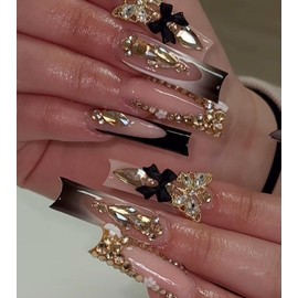 Aegenacess Press on Nails Square - Extra Long Fake Nails with 3D Rhinestones Butterfly, Black French Tips False Nail, Stick On Nails for Women, 12 Sizes - 24 Nail Kit, Midnight Mirage