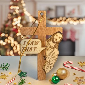 Eokeanon I Saw That Jesus Wooden Cross Ornament - Humorous and Inspirational Christian Christmas Decoration