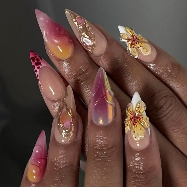 Flowers 3D Press on Nails Almond Medium Artificial Acrylic Nail