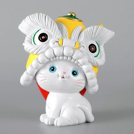 Chinese Style Lion Dance Cat Tea Pet Hand-made Cute Funny Resin Ornaments Tea Accessories Lazy Kung Fu Tea Sets For Tea Lovers Home Car Shelves Fengshui Decor (Yellow)