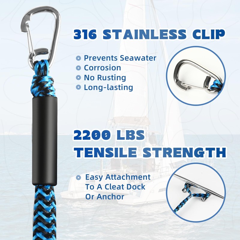 Boat Bungee Dock Lines with Clip 2 Pack Marine Rope