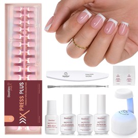 Beetles X Press Plus On Nails Kit-Short Square French Tip Press On Nails Kit with 150Pcs Pink French Nail Tips Nail Glue & Remover Builder Top Coat Nail Lamp,All-in-One DIY Fake Nails Gift for Women