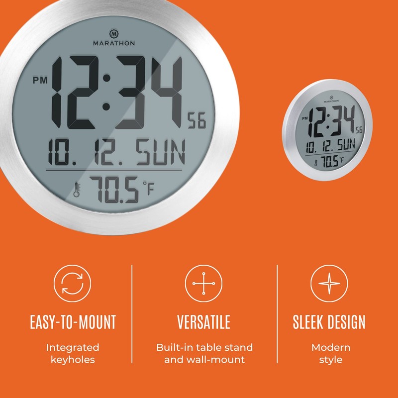 Marathon 10-Inch Round Digital Wall Clock, Stainless Steel - Large,