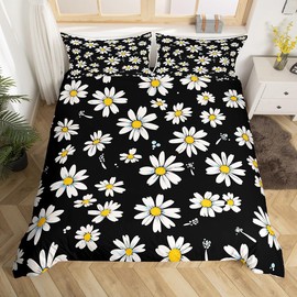 Kids Daisy Duvet Cover Set,Women Black White Yellow Bedding Set King Size,Daisy Flowers Comforter Cover for Girls Bedroom Decor,Spring Floral Quilt Cover with 2 Pillow Cases(No Comforter)