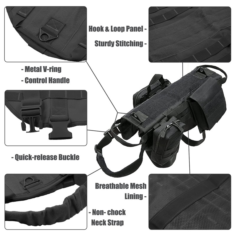 AIWAI Tactical Dog Harness with Pouches,Dog Vest Harness for Large