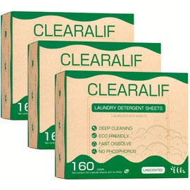 CLEARALIF Laundry Detergent Sheets (480 Loads), Unscented,Great For Travel, Apartments, Dorms, Laundry Detergent Strips Eco Friendly & Hypoallergenic (Pack of 3)
